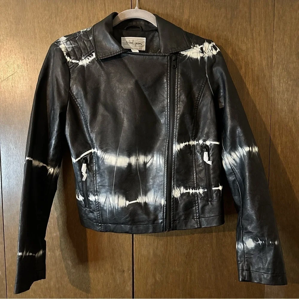 Tribal Women’s Black White Tie Dye Print Faux Vegan Leather Jacket Sz S NWT - Picture 8 of 13
